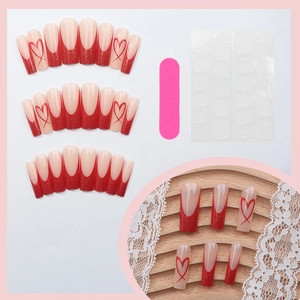Rote French Herz Press-on Nägel Kit mit 24 Stück, Nagelfeile und Klebepads Set