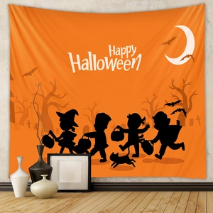 Detail of Halloween tapestry featuring orange moonlight, bats, and silhouettes on a wall