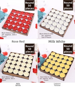 Detailed comparison of various colored tea light candles in boxes showing burn times
