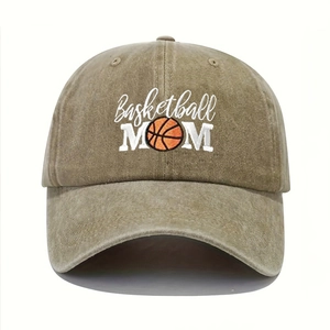 Detail of khak cotton baseball cap featuring Basketball MOM embroidery and washed texture