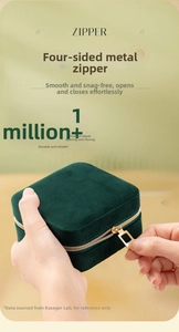 Detail of dark green velvet jewelry box showing durable gold metal zipper closure
