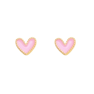 Detailed close-up of pink heart stud earrings with 18K gold beaded edge and enamel finish