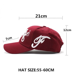 Women's burgundy baseball cap with white 3D letter embroidery and adjustable strap