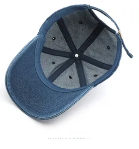 Detail of blue denim baseball cap inner structure with metal buckle and cotton lining