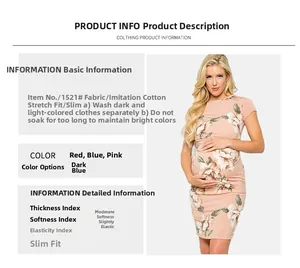 Detail view of pink maternity dress with white floral print and slim fit pleated design