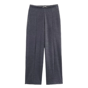 Women's dark gray wide leg trousers set with decorative metal buckles on white background