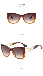 Detaillierte Front- und Seitenansicht der Schmetterling-Cat-Eye-Sonnenbrille mit Teeglas
