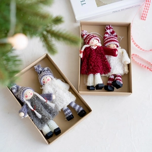Set of two Christmas wool felt angel ornaments in knit fabric gift box decoration
