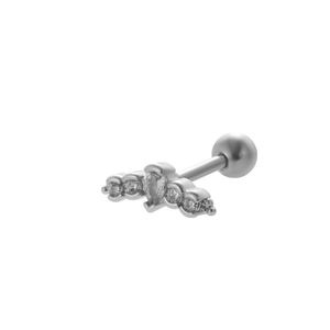 Macro detail of stainless steel helix stud featuring five-stone zircon pear design