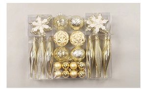 Macro detail of assorted champagne gold electroplated Christmas tree ornaments set