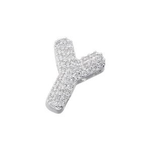 Macro detail of silver iced out letter Y pendant with cubic zirconia micro-pave setting