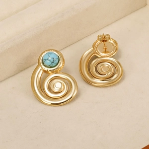 Vintage 18K gold-plated stainless steel spiral earrings with natural turquoise stone inlay