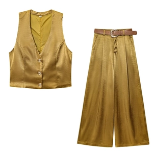 Women Satin Outfit Golden Sleeveless Button Vest And High Waist Wide Leg Trousers With Belt Elegance