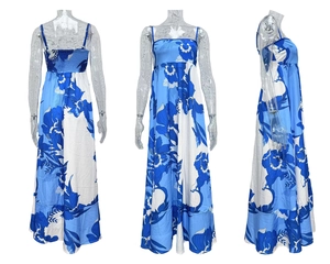 Three-view layout of a summer backless maxi dress with blue floral tropical prints