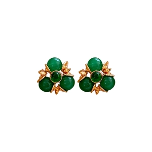 Vintage gold triangle earrings with green floral stone beads in a classic retro style