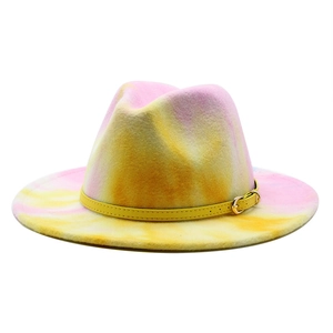 British style rainbow tie-dye fedora hat with pink yellow gradient and yellow leather band