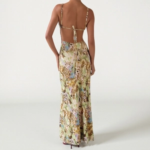 Back view of leopard print halter maxi dress featuring backless tie-up design and fluid drape