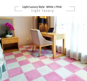 Detailed plush pink and white checkered EVA foam puzzle floor mats in a bedroom setup