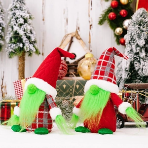 Detailed view of Christmas gnomes with green faux fur beards and festive knit outfits