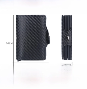 Detailed size specifications for the carbon fiber RFID wallet featuring dual card slots