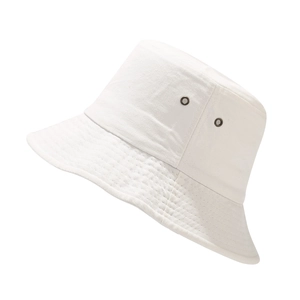 Detailed side view of white cotton bucket hat featuring vintage metal eyelets and stitching