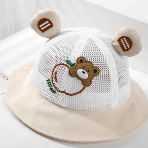 Breathable baby sun hat with cute bear ears and mesh top in beige and white