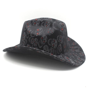 Black cowboy hat with gray skull prints and red glitter eyes for Halloween parties