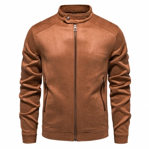 Close-up of brown faux suede jacket featuring a stand collar and metal zipper pockets