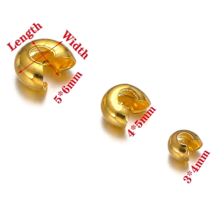 Golden stainless steel crimp covers in sizes 5x6mm, 4x5mm, and 3x4mm for DIY jewelry