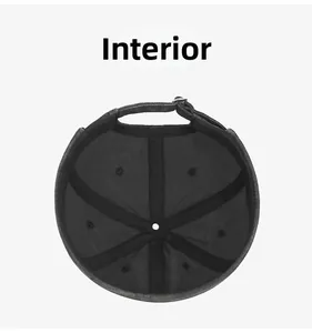 Detail view of cotton docker cap interior showing six-panel stitching and adjustable metal strap