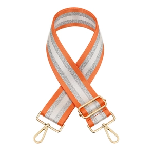 Adjustable wide replacement shoulder strap with orange and silver stripes and gold metal hardware
