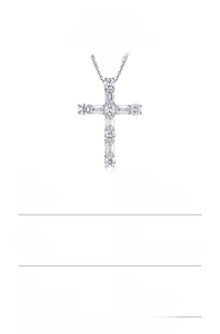 Detail view of a 925 silver cross pendant featuring moissanite stones and a 45cm adjustable chain