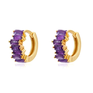 Detailed view of gold hoop earrings with rectangular purple zircon gemstones in prong setting