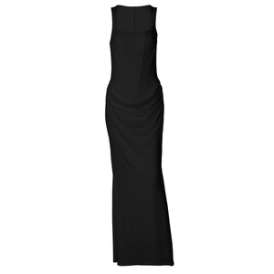 Detail view of the black slim fit maxi dress featuring ruching and U-neckline detail