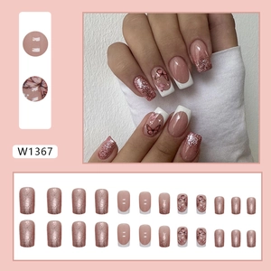 Sparkly rose pink butterfly press-on nails in medium square length with French tips