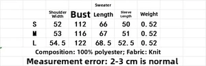Size chart for jacquard knit cardigan with 100 polyester fabric measurements
