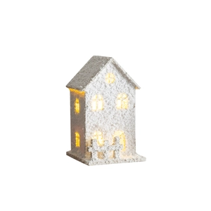 LED illuminated white snow cabin Christmas tabletop ornament with warm yellow glow
