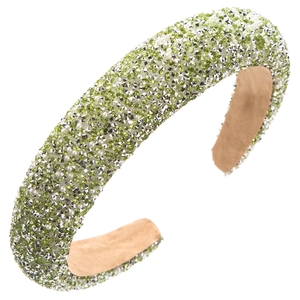Luxe padded headband with green rhinestones and white pearls on ivory velvet base