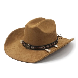 Classic brown western cowboy hat in faux suede with bull head metal buckle and fringe