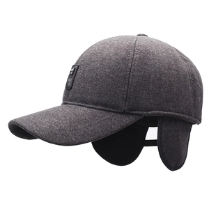 Men's winter baseball cap in dark gray tweed with ear flaps and shield emblem