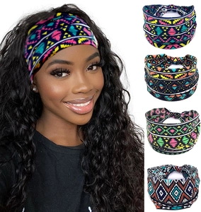 Detail view of elastic cotton headbands with bohemian patterns and colorful geometric prints