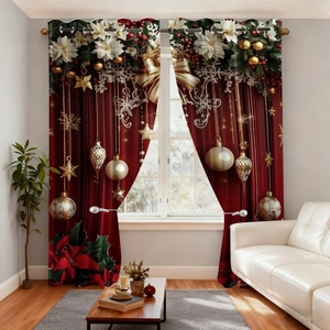 Detail of red Christmas curtains with festive patterns and silver metal grommets