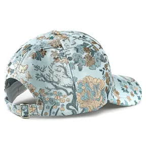 Ethnic embroidery baseball cap in light blue floral jacquard with adjustable metal buckle