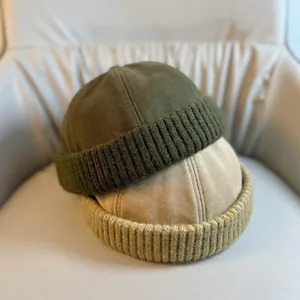 Army green and khaki brimless docker hats in ribbed knit and fabric for autumn and winter