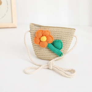 Adorable handmade children's straw messenger bag with a 3D knitted orange flower