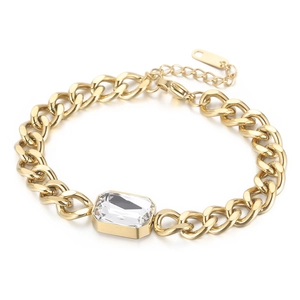 Bracelet cubain en titane plaqué or 18 carats avec grand cristal de verre rectangulaire