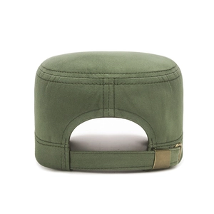 Army green flat top cotton sports cap with adjustable bronze metal back strap
