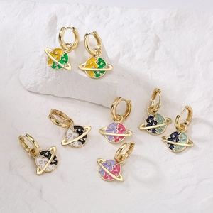 Planet Hoop Earrings Gold Plated Copper Enamel Celestial Drop Dangle Jewelry Personal Zircon Colorful For Women