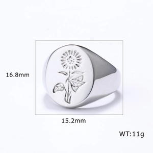 Detail view showing dimensions of silver stainless steel sunflower signet ring