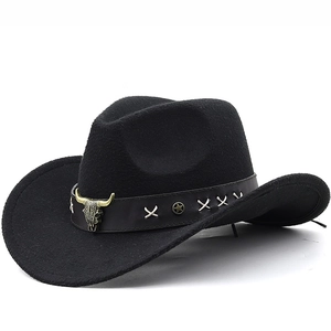 Vintage Western Cowboy Hat Felt Steer Skull Bull Head Metal Buckle Leather Belt Wide Brim Ethnic Outdoor Sun Hat For Men Women Kids